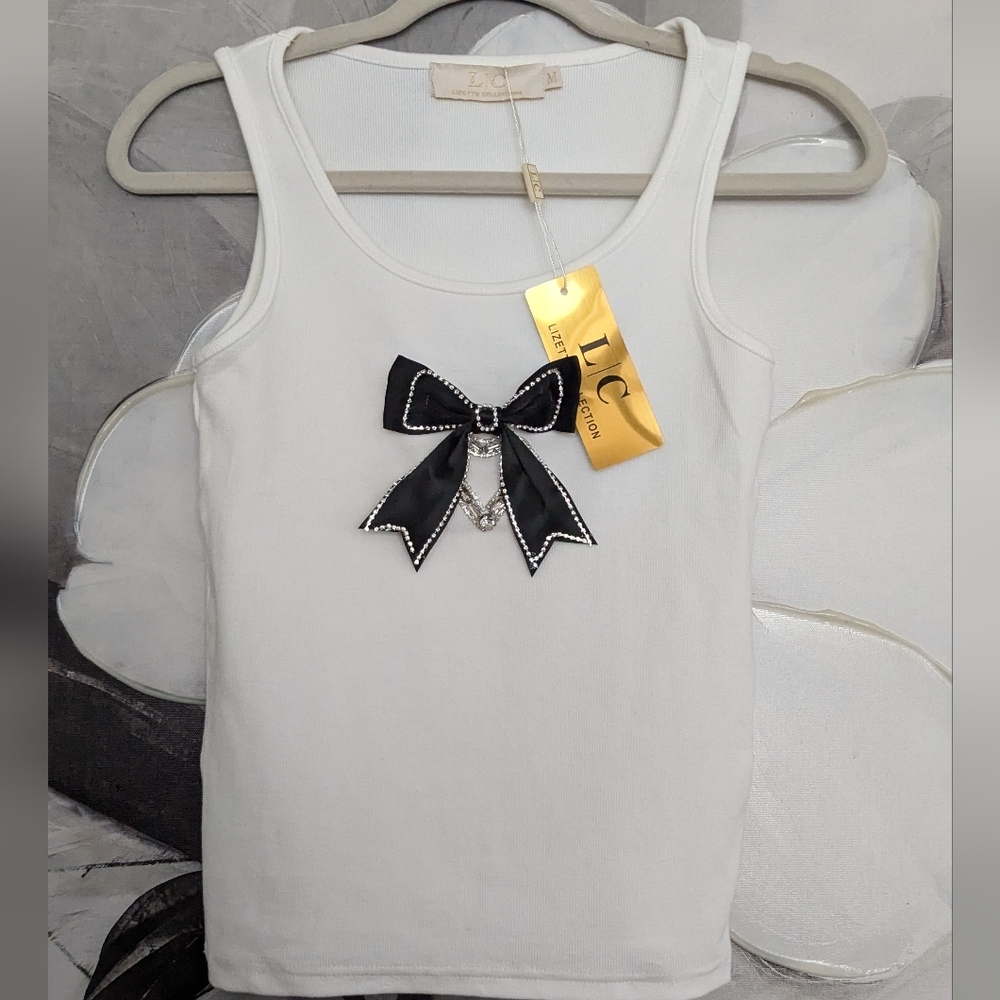 L / C Lizette Collection Ribbed Jewel and Heart Bow Tank Nwt ❤️